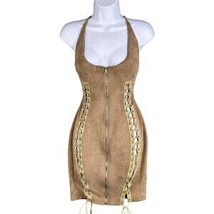 Better Be L Tan Vegan Suede Mini Dress Zip Front Lace Up Stretchy Costal Cowgirl